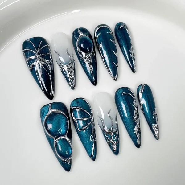 S99b47fc5db09434c9b30b223c471a2596-2.webp 10Pcs Sweet Cool Light Purple Long Fashion Nail Shiny Gradient Cat Eye False Nails Metallic Handmade Nail Spicy Girl Detachable