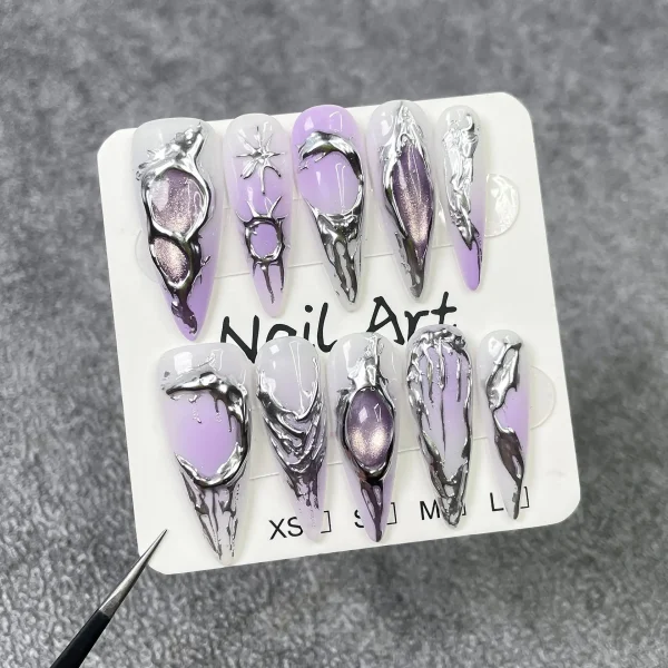 Sa1d1ef9b4c07484caff5f912c3fe46020-2.webp 10Pcs Sweet Cool Light Purple Long Fashion Nail Shiny Gradient Cat Eye False Nails Metallic Handmade Nail Spicy Girl Detachable