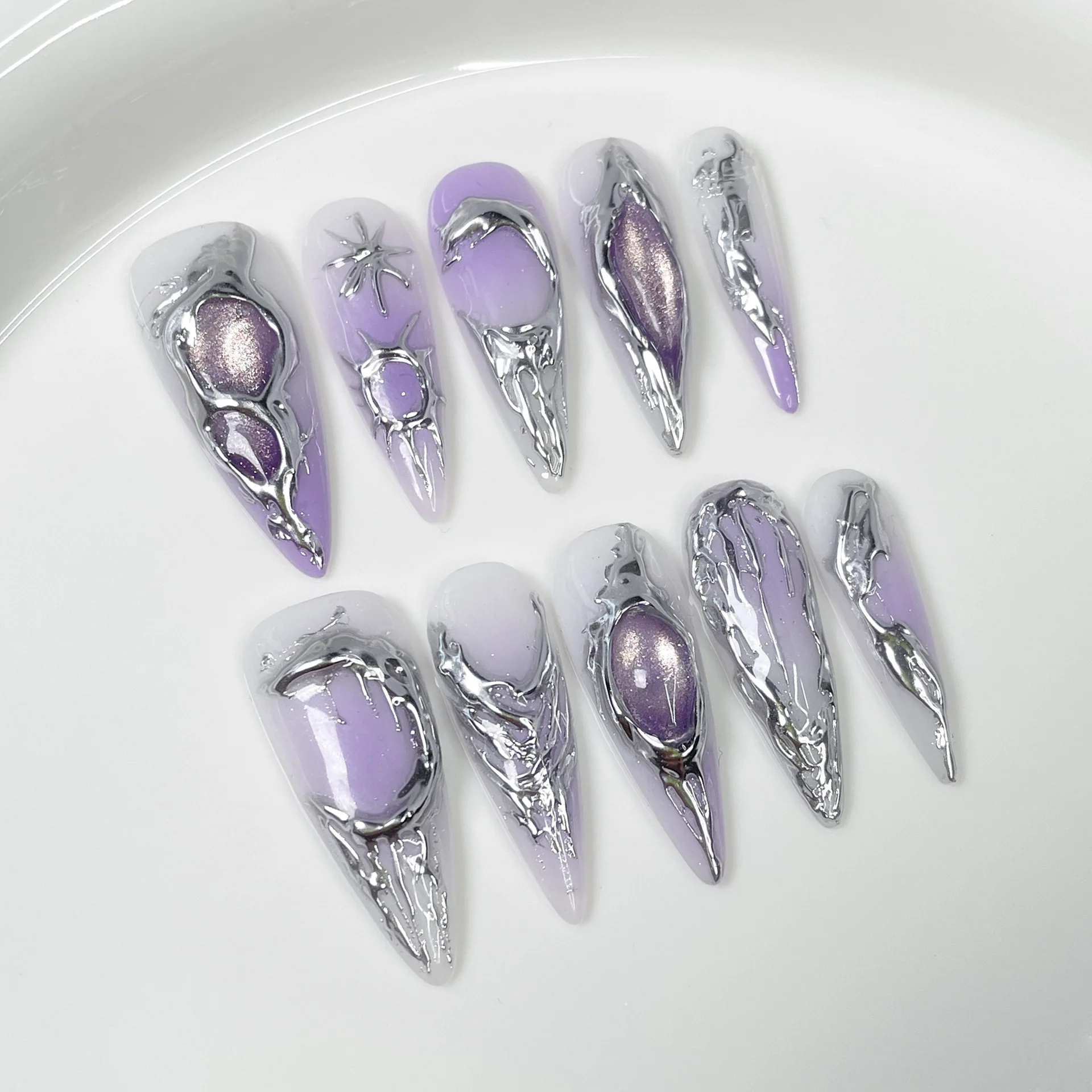 Sfa14959e2dde4f9bb51262fff6449edfU-2.webp 10Pcs Sweet Cool Light Purple Long Fashion Nail Shiny Gradient Cat Eye False Nails Metallic Handmade Nail Spicy Girl Detachable