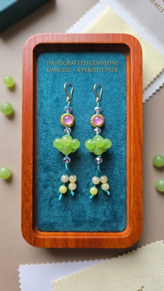 earrings jade 1 Handcrafted Gemstone Dangle Earrings – Green Jade & Pink Soft Rose