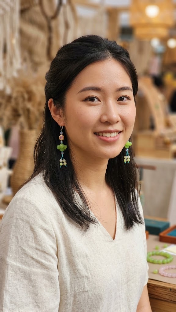 earrings jade 2 modelled Handcrafted Gemstone Dangle Earrings – Green Jade & Pink Soft Rose