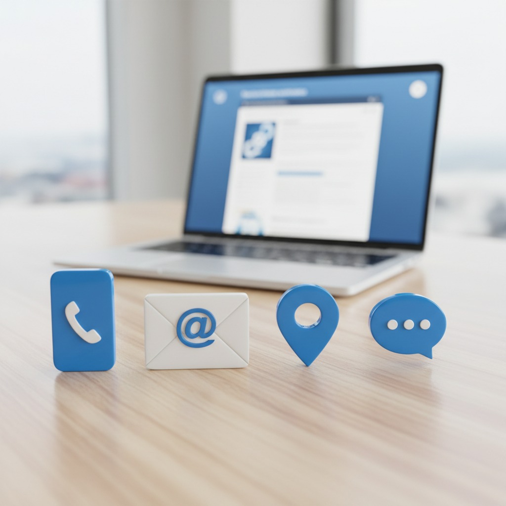 Four three-dimensional contact icons for phone, email, location, and messaging sit on a wooden desk in front of an open laptop.