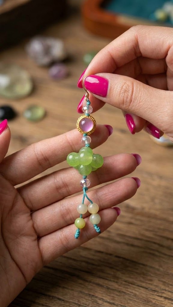 single earring pink modelled 2 Handcrafted Gemstone Dangle Earrings – Green Jade & Pink Soft Rose