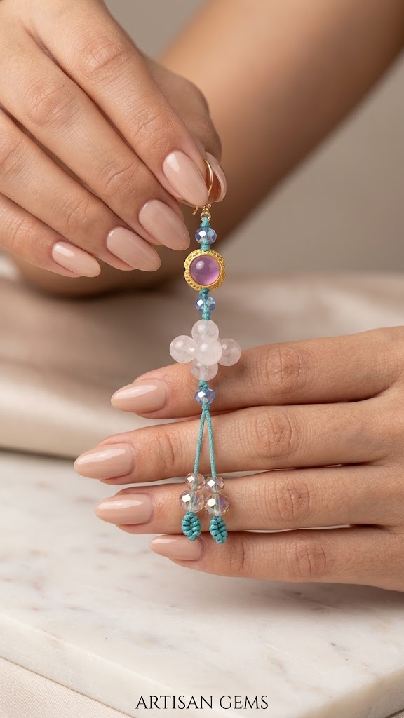 single earring pink modelled Handcrafted Gemstone Dangle Earrings – Green Jade & Pink Soft Rose