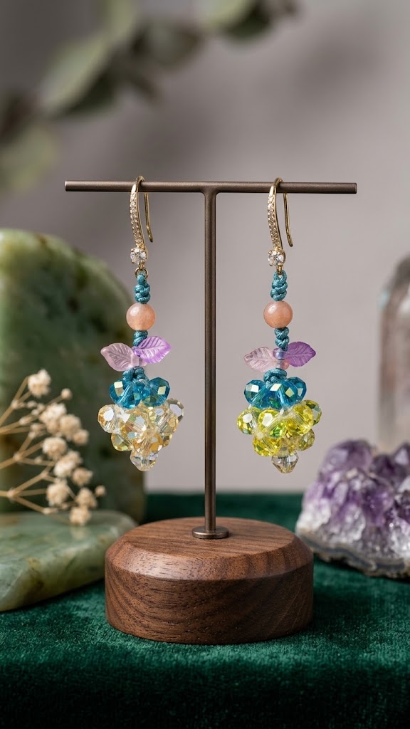 Handcrafted Gemstone & Crystal Grape Drop Earrings